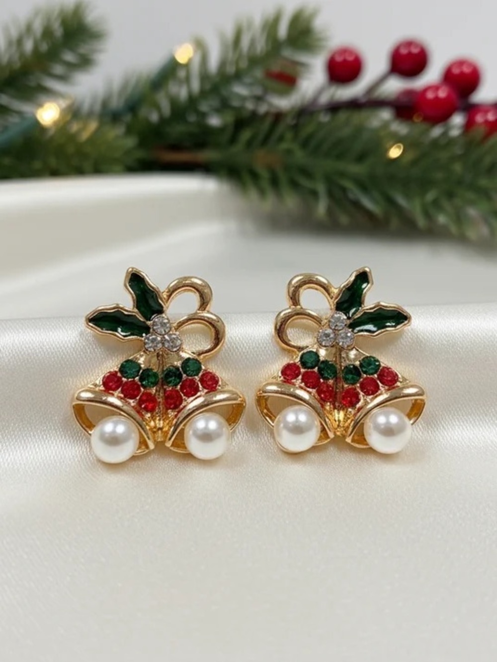 Holiday Bell Earrings with Pearls and Red & Green Accents